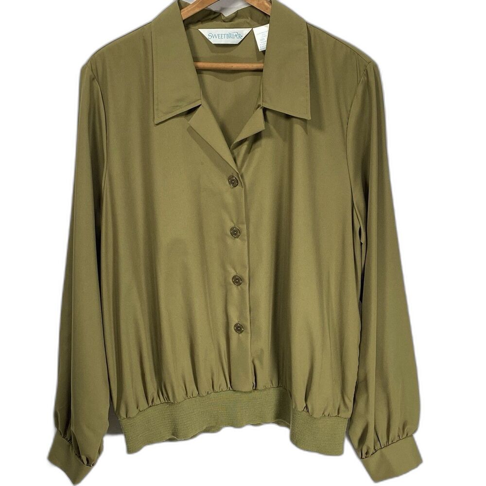 Vtg SWEETBRIAR Blouse 1980s Button Ribbed Hem Notched Collar Womens 16 L Green